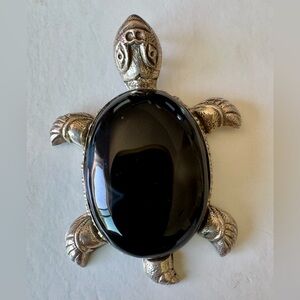Silver Turtle Brooch with Black Stone